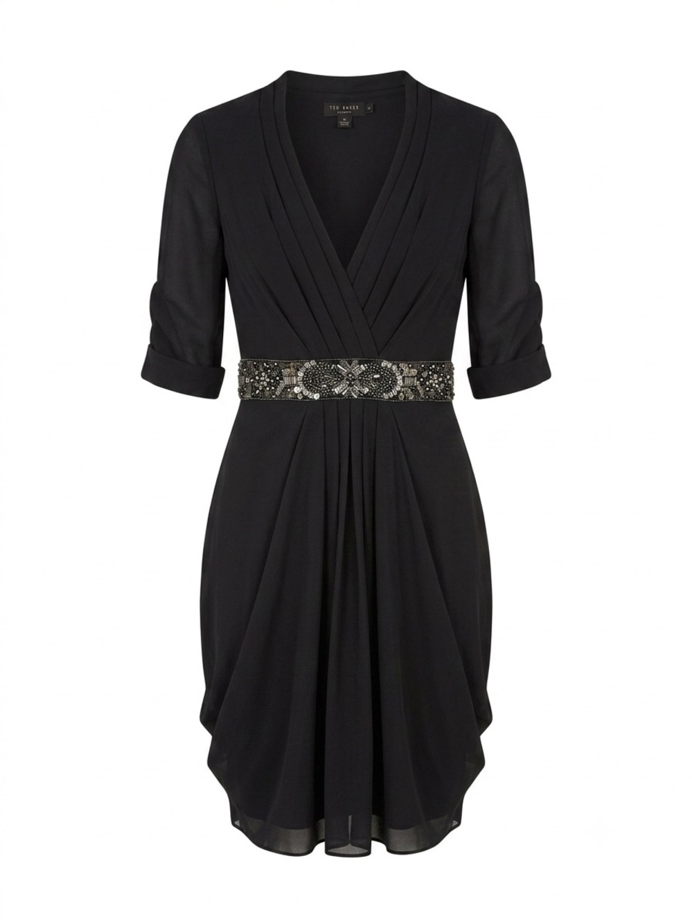 Ted Baker Canario Black Embellished Waist V-Neck Cocktail Dress Size 2 (US 6)